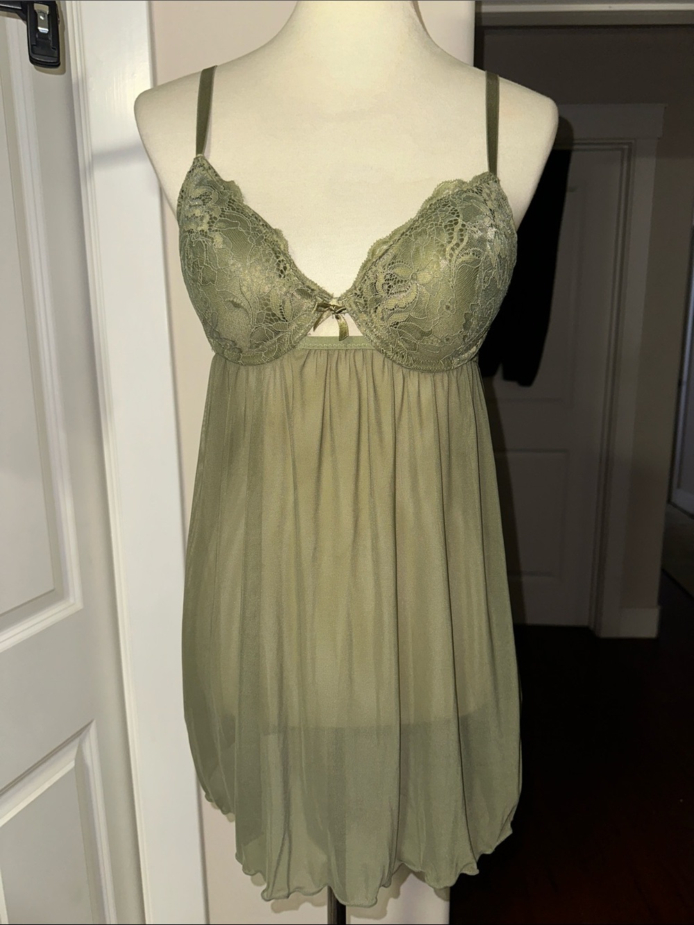 Hush Intimates Sage Green Lace Mesh Babydoll Lingerie Chemise EUC L